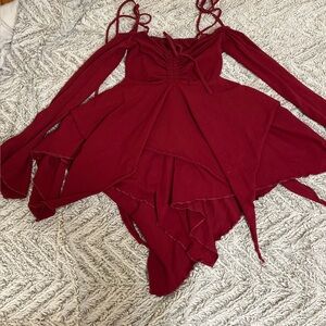 Red Off-Shoulder Bohemian Dress with Flare Sleeves/ Adjustable Shoulder Strips